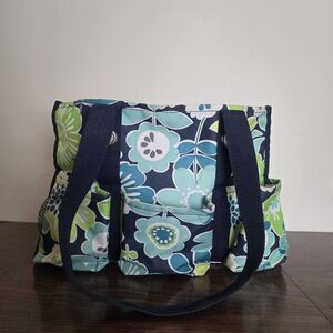 Thirty One Utility Tote Shoulder Bag Blue and Green Floral Organizing Pockets